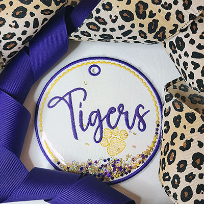 Tigers in the hoop bag tag with glitter